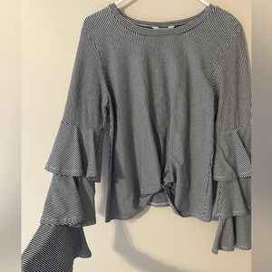 Belle Sky Black and White Striped Top with Ruffle Sleeves